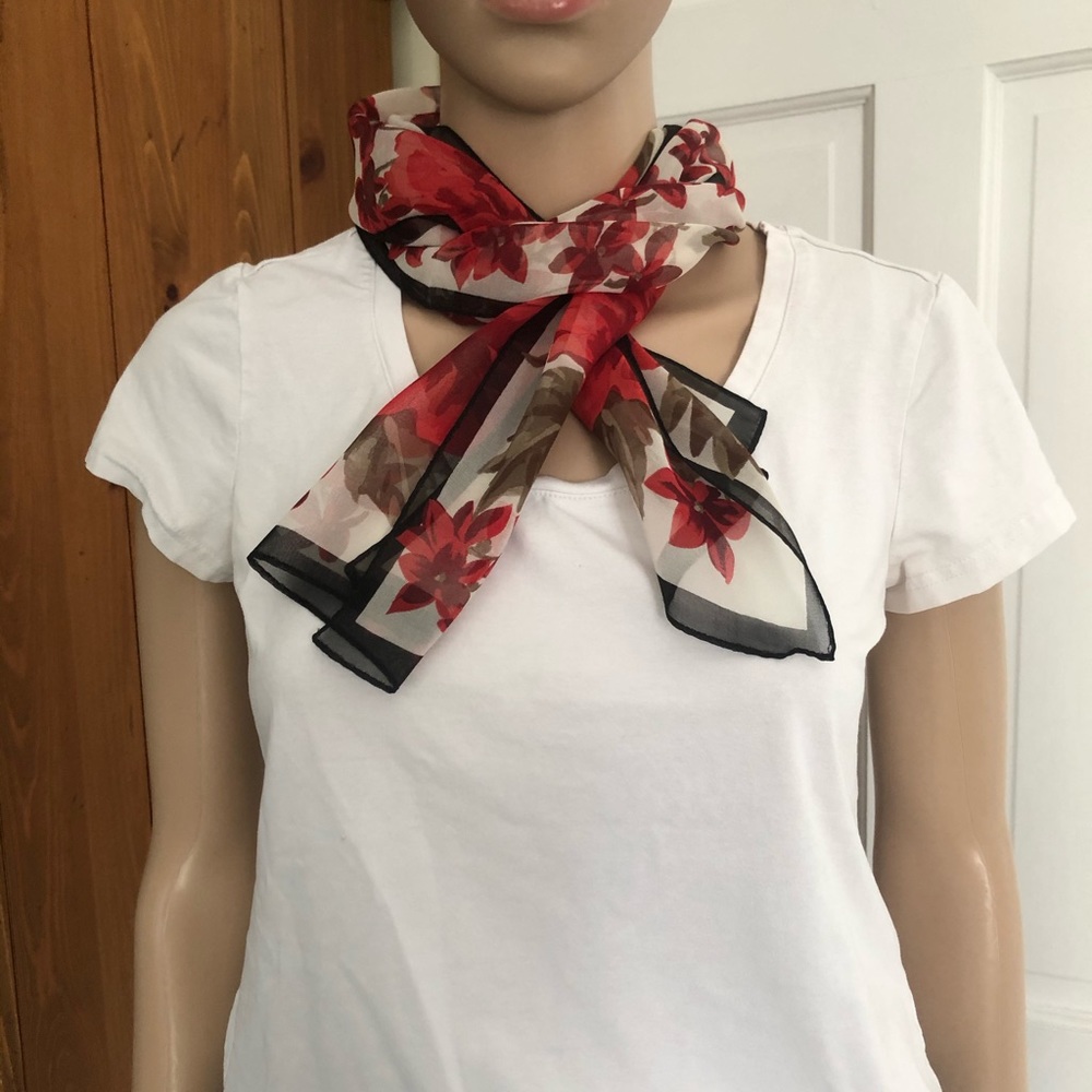 Sheer SilkFloral Scarf with Black Border, 26 x 11”